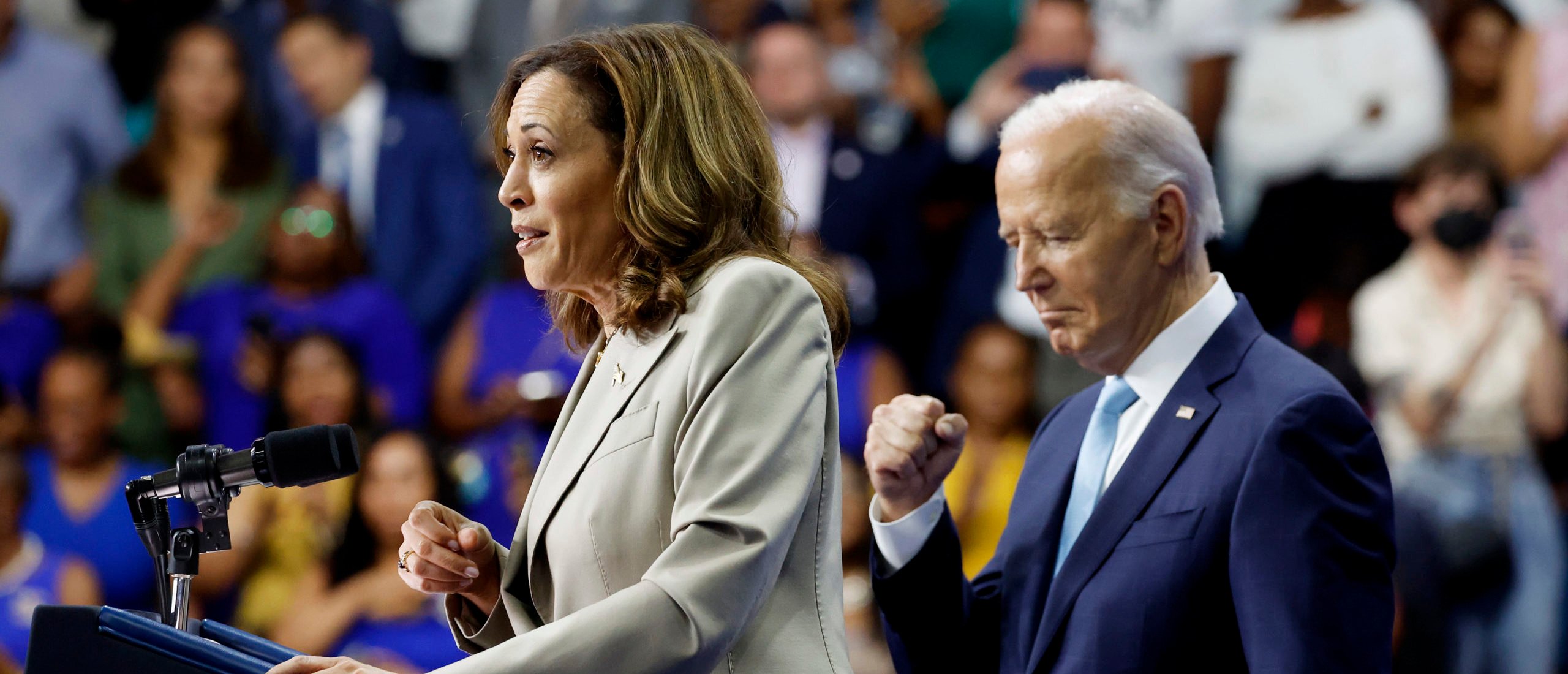 LARGO, MARYLAND - AUGUST 15: U.S. Vice President Kamala Harris gives remarks alongside U.S. President Joe Biden at Prince George’s Community College on August 15, 2024 in Largo, Maryland. Biden and Harris held the event to talk about their administration's efforts to lower drug costs. This event is the first time President Biden and Vice President Harris have appeared in public together since Biden announced he would be stepping down from running for re-election. Anna Moneymaker/Getty Images