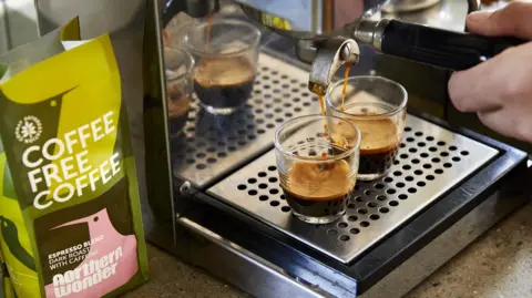 Northern Wonder A coffee machine makes two espressos using Northern Wonder beanless coffee.