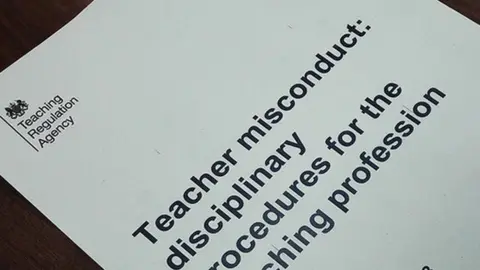 Teaching Regulation Agency The cover of paperwork regarding a teacher misconduct hearing. It has Teaching Regulation Agency branding.