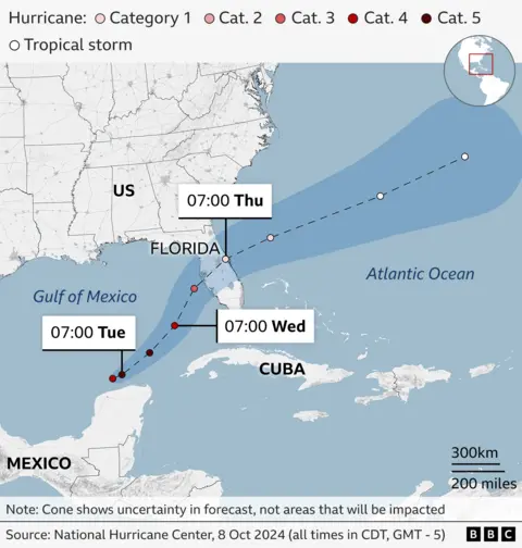 A BBC map shows the expected path from south-west to north-west of Hurricane Milton, through the Gulf of Mexico (Monday and Tuesday) and across Florida (late on Wednesday into Thursday)