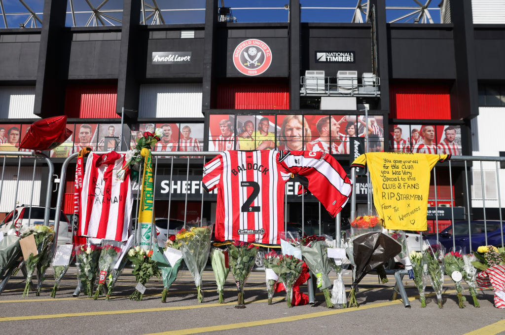 SHEFFIELD, ENGLAND - OCTOBER 10: Tributes are laid for ex-Sheffield United player George Baldock on October 10, 2024 in Sheffield, England. The England-born Greece international was found dead in the swimming pool of his house in Glyfada, southern Athens. Baldock was currently playing for Greek club Panathinaikos. (Photo by George Wood/Getty Images)