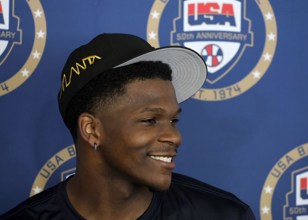 LAS VEGAS, NEVADA - JULY 07: Anthony Edwards #5 of the 2024 USA Basketball Men's National Team talks to members of the media after a practice session during the team's training camp at the Mendenhall Center at UNLV on July 07, 2024 in Las Vegas, Nevada. (Photo by Ethan Miller/Getty Images)