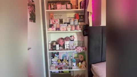 Family photo A bookcase full of Melanie Martinez merchandise including chunky Mary Jane style shoes and dolls with blonde and black hair