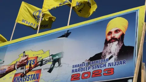 Reuters A mural features the image of late Sikh leader Hardeep Singh Nijjar, who was slain on the grounds of the Guru Nanak Sikh Gurdwara temple in June 2023, in Surrey, British Columbia, Canada September 18, 2023. REUTERS/Chris Helgren