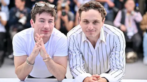 Getty Images Barry Keoghan and Franz Rogowski attend the "Bird" Photocall at the 77th annual Cannes Film Festival at Palais des Festivals on May 17, 2024 in Cannes, France