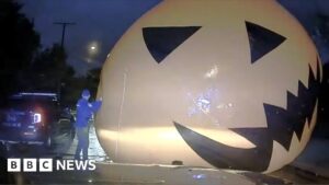 Giant 'runaway' Halloween pumpkin blocks road in Ohio