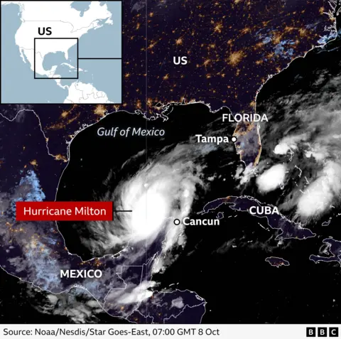 An annotated satellite image shows the position of Hurricane Milton in the Gulf of Mexico as it heads towards Tampa in Florida